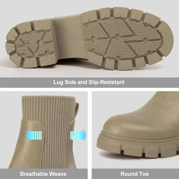 Women’s Taupe Platform Chelsea Boots Lug Sole Chunky Slip On Ankle Booties - Picture 3 of 6